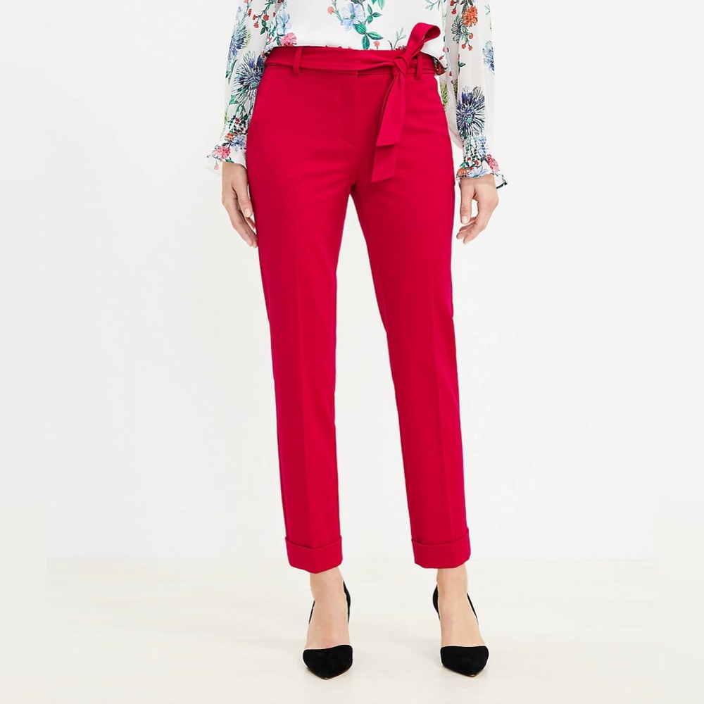 LOFT Petite Devin Tie Waist Slim Pants Red Sz 2P